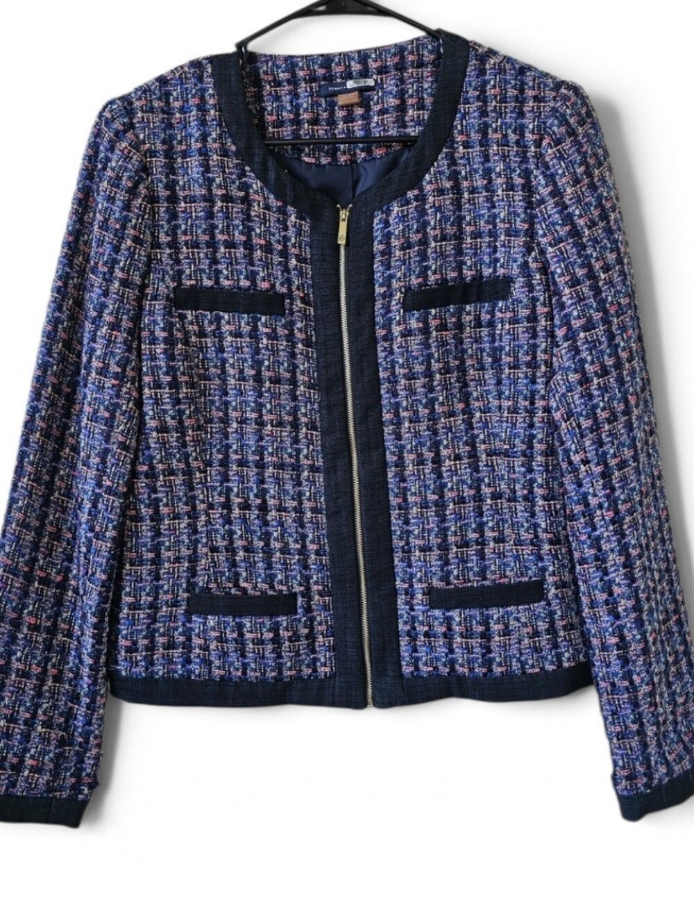Tommy Hilfiger Confetti Tweed Jacket Denim Trimmed Blue Pink Full Zip Size 12